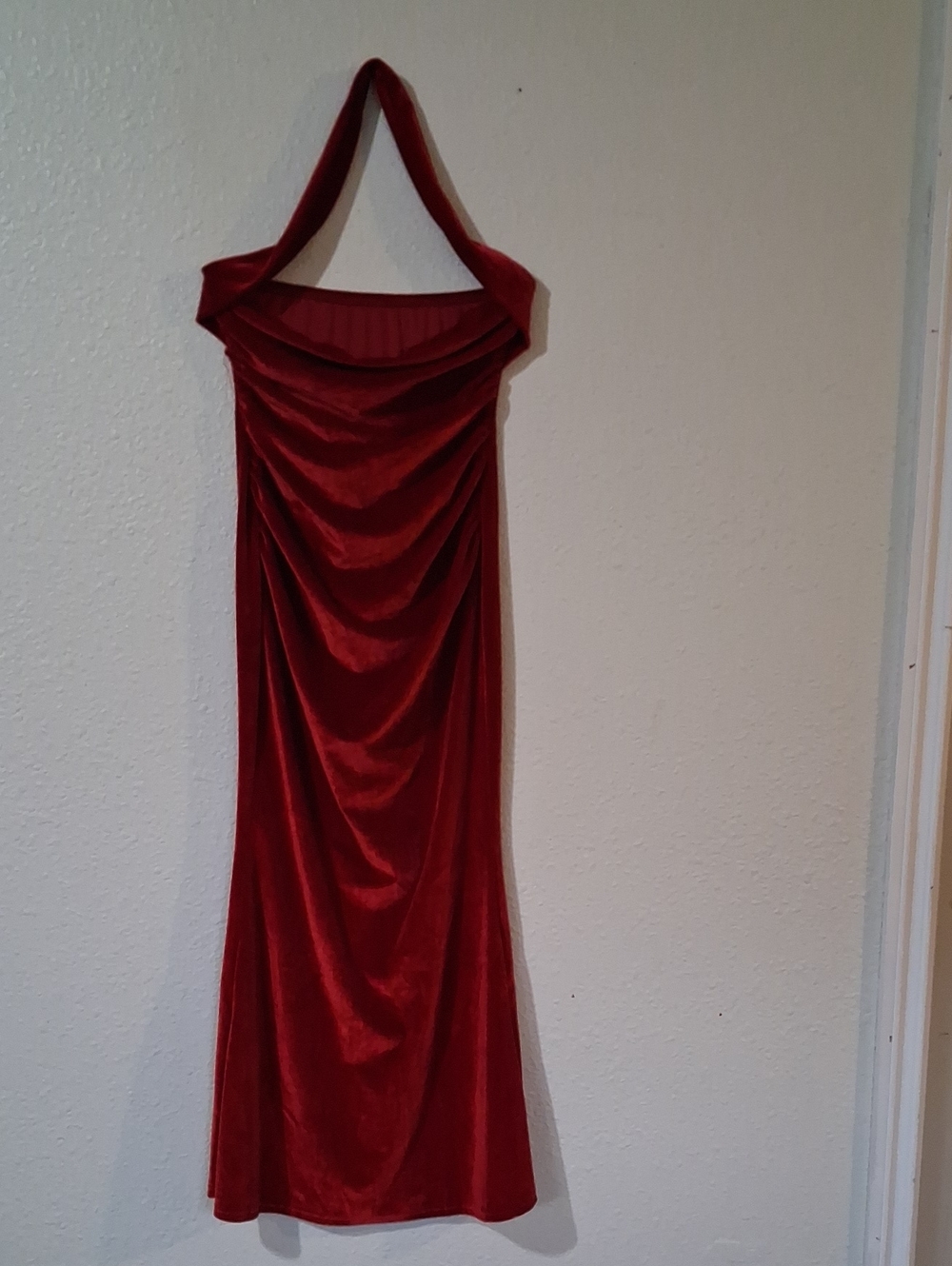 SHEIN Red Velvet Halter Ruched Maxi Dress